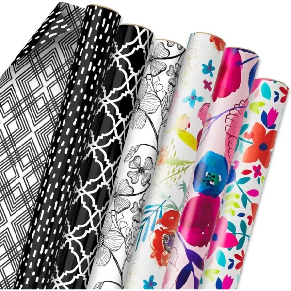 Hallmark Reversible Wrapping Paper Bundle 6 Rolls 195 Square Feet Total Flowers ampamp Polka Dots Black and White Pink and Blue for Birthdays Weddings Valentines Day Mothers Day Baby Shower