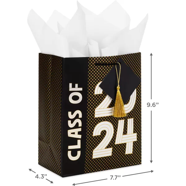 Hallmark 9quot Medium Graduation Gift Bag with Tissue Paper Gold and Silver Mortarboards on Black for College High School 8th Grade Kindergarten NursesBlack  White  Gold