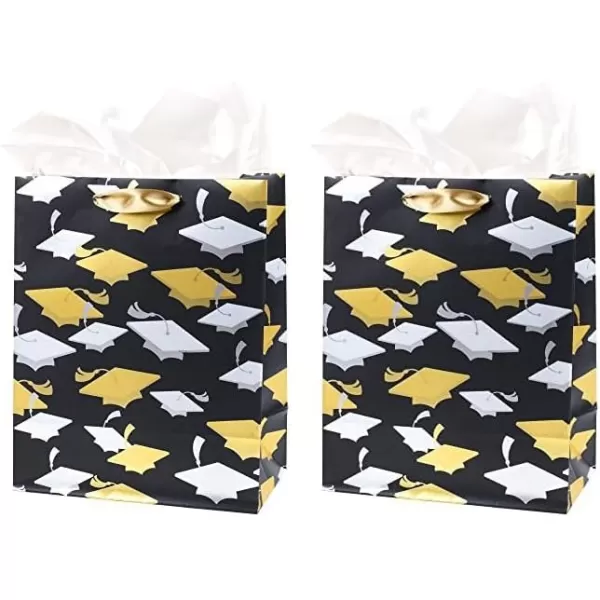 Hallmark 9quot Medium Graduation Gift Bag with Tissue Paper Gold and Silver Mortarboards on Black for College High School 8th Grade Kindergarten NursesBlack  Gold