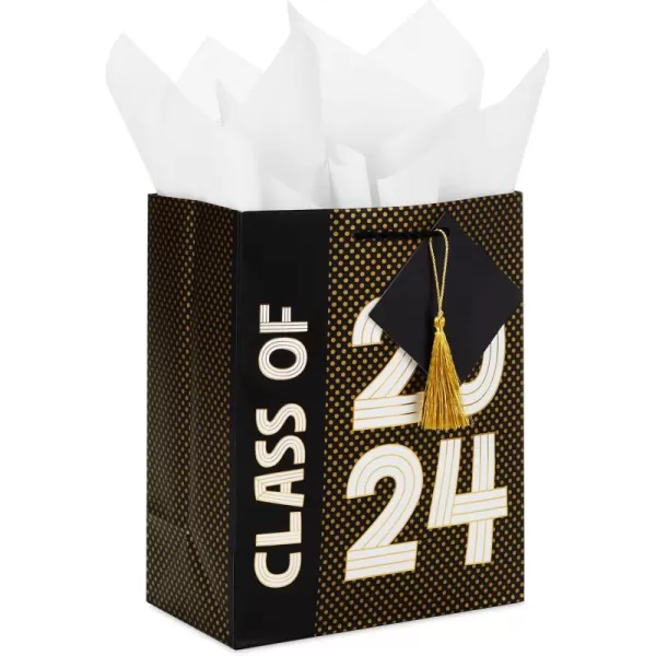 Hallmark 9quot Medium Graduation Gift Bag with Tissue Paper Gold and Silver Mortarboards on Black for College High School 8th Grade Kindergarten NursesBlack  White  Gold