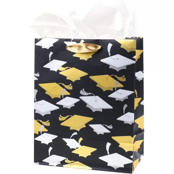 Hallmark 9quot Medium Graduation Gift Bag with Tissue Paper Gold and Silver Mortarboards on Black for College High School 8th Grade Kindergarten NursesBlack  Gold