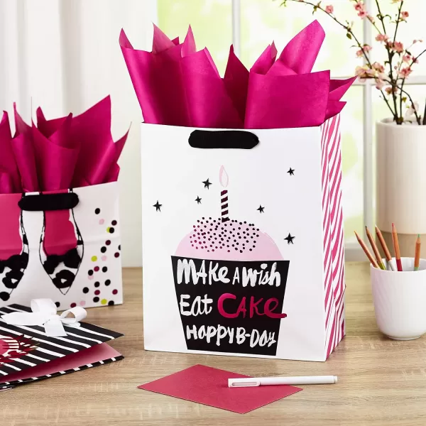 Hallmark 13quot Large Birthday Gift Bags with Tissue Paper 3Pack Black and Neon Rainbow WooHoo for Kids Adults Teens CoworkersBlack  Pink  White