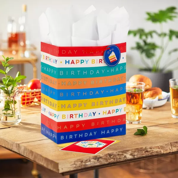 Hallmark 13quot Large Birthday Gift Bag with Tissue Paper and Birthday Card Rainbow Stripes for Kids Adults Coworkers