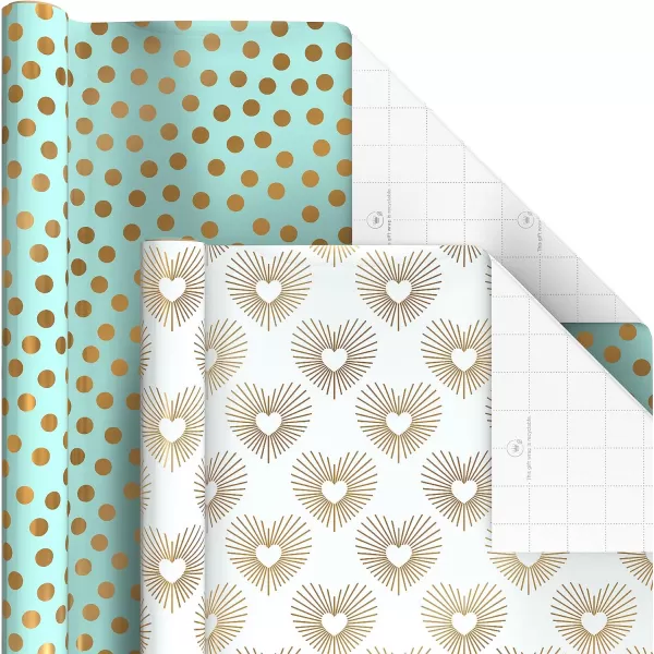 Hallmark Wrapping Paper Rolls for Mothers Day Wedding Bridal Shower Birthday Gift Wrap with Cutlines on Reverse 6 Rolls 180 Sq Ft Total White and Silver Stripes Mint Green Gold Hearts and Flowers