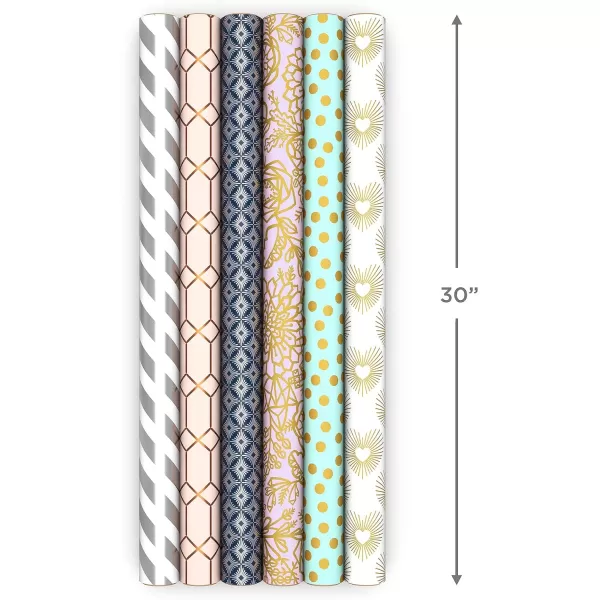 Hallmark Wrapping Paper Rolls for Mothers Day Wedding Bridal Shower Birthday Gift Wrap with Cutlines on Reverse 6 Rolls 180 Sq Ft Total White and Silver Stripes Mint Green Gold Hearts and Flowers