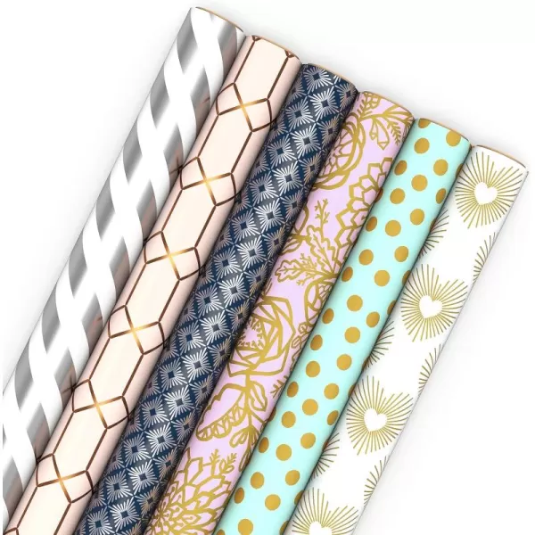 Hallmark Wrapping Paper Rolls for Mothers Day Wedding Bridal Shower Birthday Gift Wrap with Cutlines on Reverse 6 Rolls 180 Sq Ft Total White and Silver Stripes Mint Green Gold Hearts and Flowers