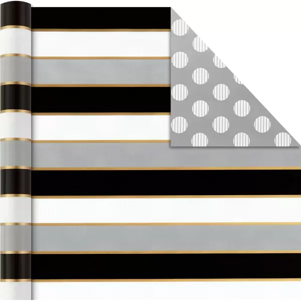 Hallmark Reversible Wrapping Paper Bundle with Ribbon ampamp Gift Tag Stickers  Black Gold Stripes Plaid 3 Pack 120 sq ft TTL 30 Yds Mini Ribbon 36 Labels for Graduations Weddings Christmas