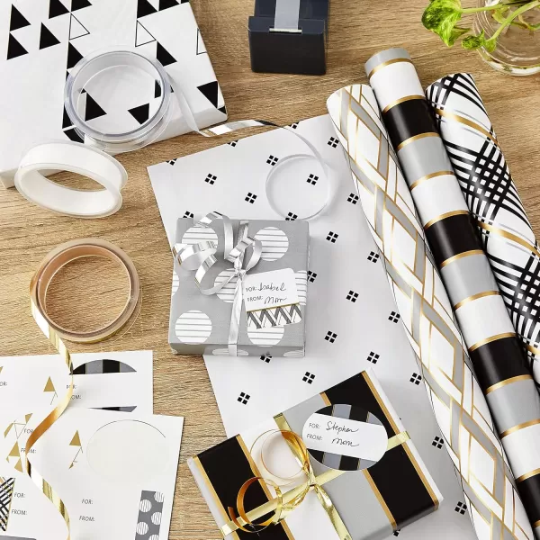 Hallmark Reversible Wrapping Paper Bundle with Ribbon ampamp Gift Tag Stickers  Black Gold Stripes Plaid 3 Pack 120 sq ft TTL 30 Yds Mini Ribbon 36 Labels for Graduations Weddings Christmas