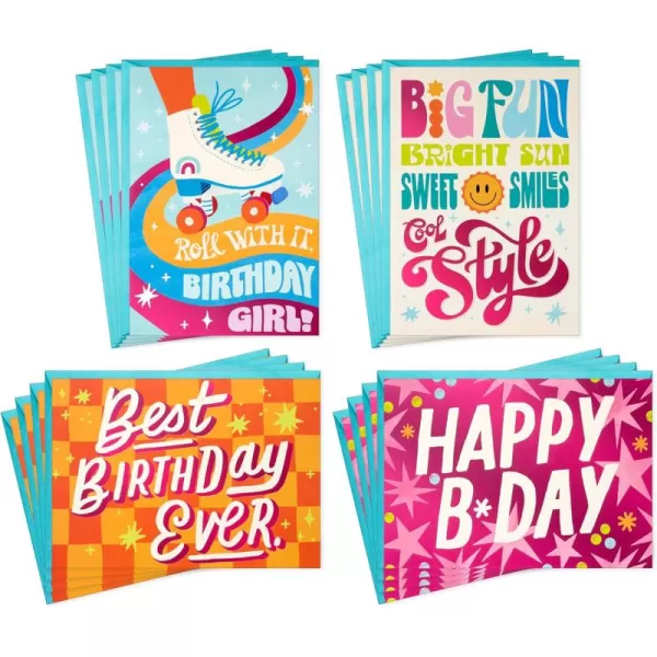 Hallmark Birthday Girl Card Assortment 16 Cards with Envelopes Roller Skates Retro Stars Pink Orange