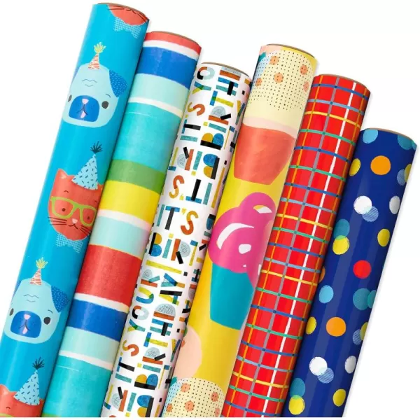 Hallmark Colorful Wrapping Paper Bundle with Cutlines on Reverse 6 Rolls 110 Square Feet Total Llamas Zebras Cupcakes Holographic Stripes Polka Dots for Birthdays Kids Parties Back to School