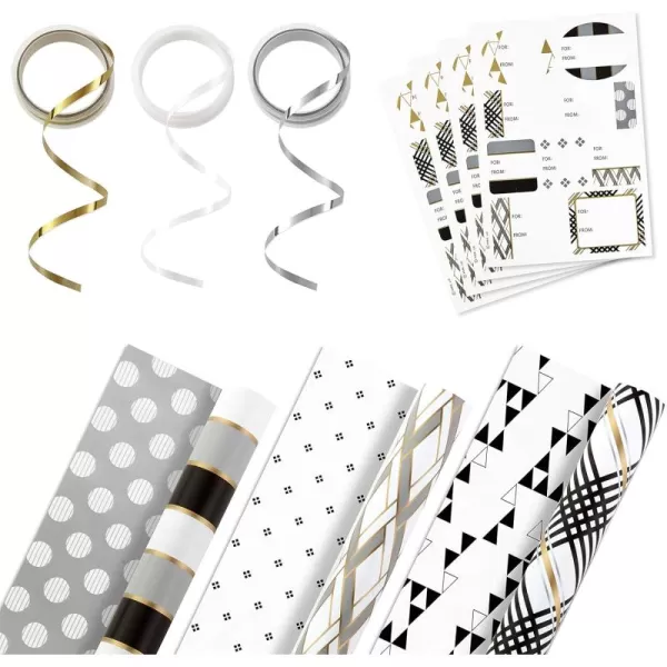 Hallmark Reversible Wrapping Paper Bundle with Ribbon ampamp Gift Tag Stickers  Black Gold Stripes Plaid 3 Pack 120 sq ft TTL 30 Yds Mini Ribbon 36 Labels for Graduations Weddings Christmas