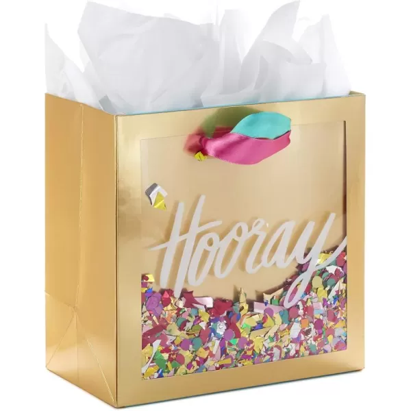 Hallmark Signature 7quot Medium Gift Bag with Tissue Paper Hooray Gold with Pink Teal Purple Confetti for Bridal Showers Graduations Retirements and More