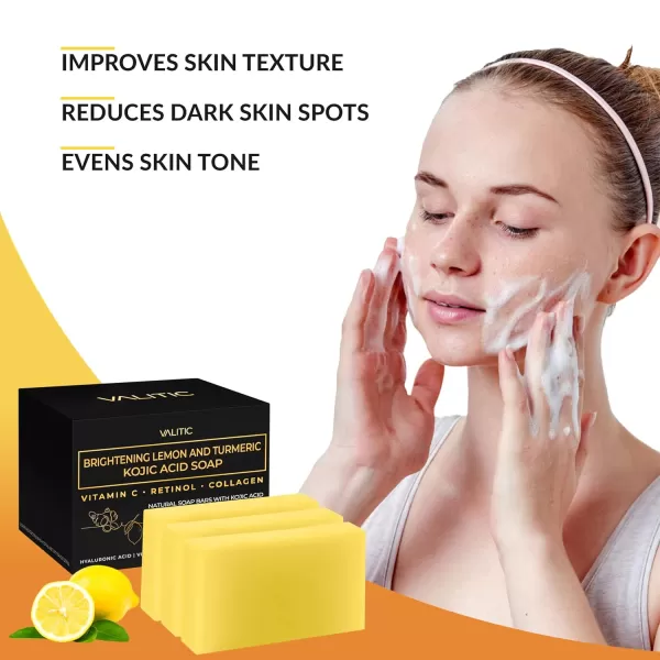 VALITIC Brightening Lemon ampamp Turmeric Kojic Acid Soap with Vitamin C Retinol Collagen  Original Japanese Complex Infused with Hyaluronic Acid Vitamin E Shea Butter Castile Olive Oil 2 Pack3 Pack