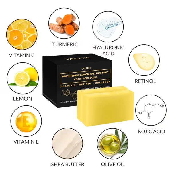 VALITIC Brightening Lemon ampamp Turmeric Kojic Acid Soap with Vitamin C Retinol Collagen  Original Japanese Complex Infused with Hyaluronic Acid Vitamin E Shea Butter Castile Olive Oil 2 Pack2 Pack  Holder