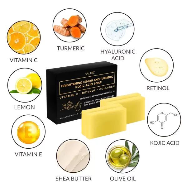 VALITIC Brightening Lemon ampamp Turmeric Kojic Acid Soap with Vitamin C Retinol Collagen  Original Japanese Complex Infused with Hyaluronic Acid Vitamin E Shea Butter Castile Olive Oil 2 Pack4 Pack