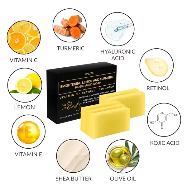 VALITIC Brightening Lemon ampamp Turmeric Kojic Acid Soap with Vitamin C Retinol Collagen  Original Japanese Complex Infused with Hyaluronic Acid Vitamin E Shea Butter Castile Olive Oil 2 Pack5 Pack