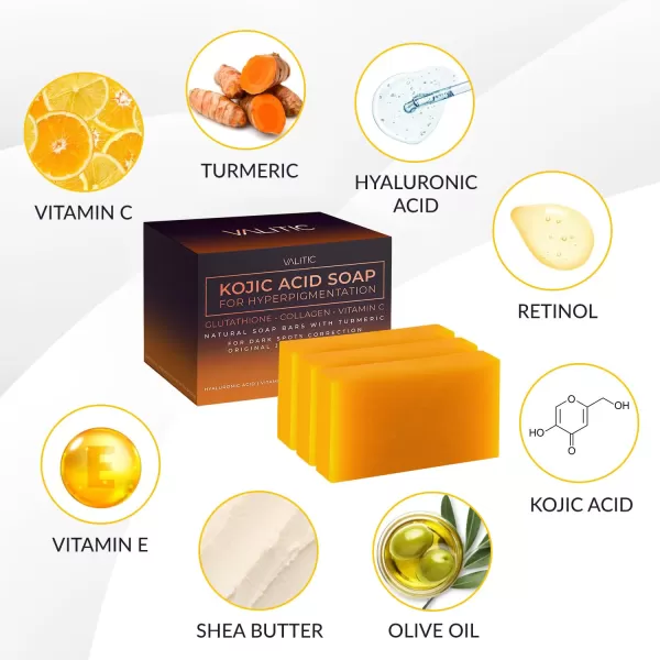 VALITIC Kojic Acid Soap for Hyperpigmentation  with Glutathione Collagen ampamp Vitamin C  Natural Soap Bars with Turmeric  Original Japanese Complex for Dark Spot Correction  2 Pack3 Pack