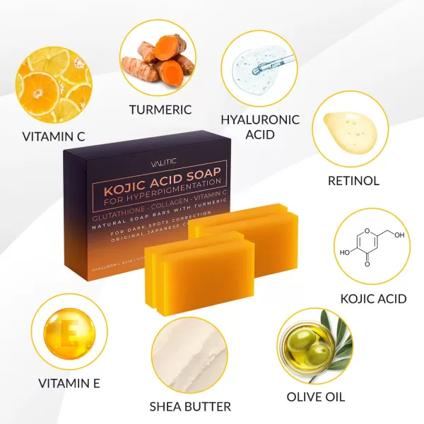 VALITIC Kojic Acid Soap for Hyperpigmentation  with Glutathione Collagen ampamp Vitamin C  Natural Soap Bars with Turmeric  Original Japanese Complex for Dark Spot Correction  2 Pack4 Pack