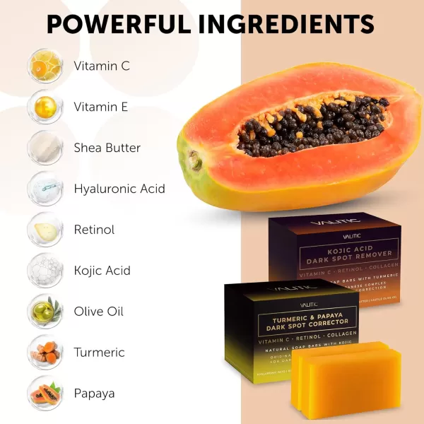 VALITIC Papaya and Turmeric Kojic Acid Soap Bar  Dark Spot Corrector Skin Care Cleansing Bar  Infused with Vitamin C Hyaluronic Acid Collagen Retinol Olive Oil  2 Pack2 Pack  2 Pack