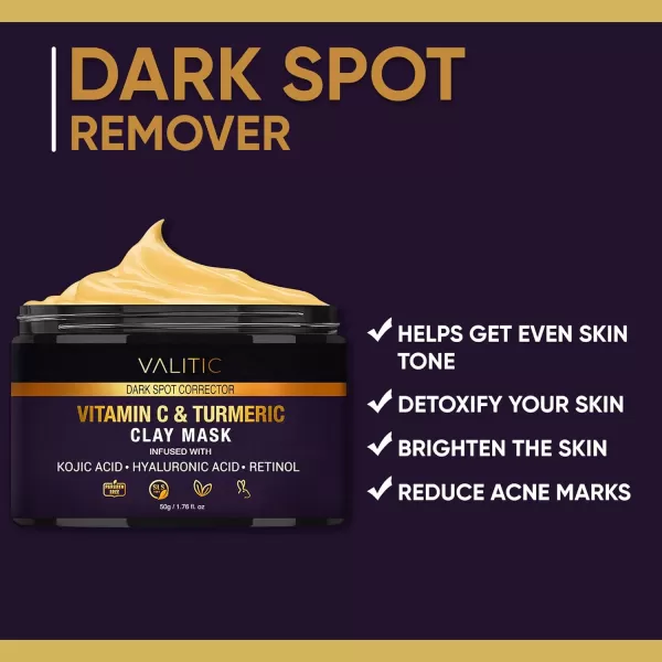VALITIC Vitamin C ampamp Turmeric Clay Mask  Dark Spot Corrector with Kojic Acid Hyaluronic Acid ampamp Retinol  Skin Care Routine for Minimizing Pores ampamp Blackheads  with Applicator Brush  100g176 Ounce Pack of 1