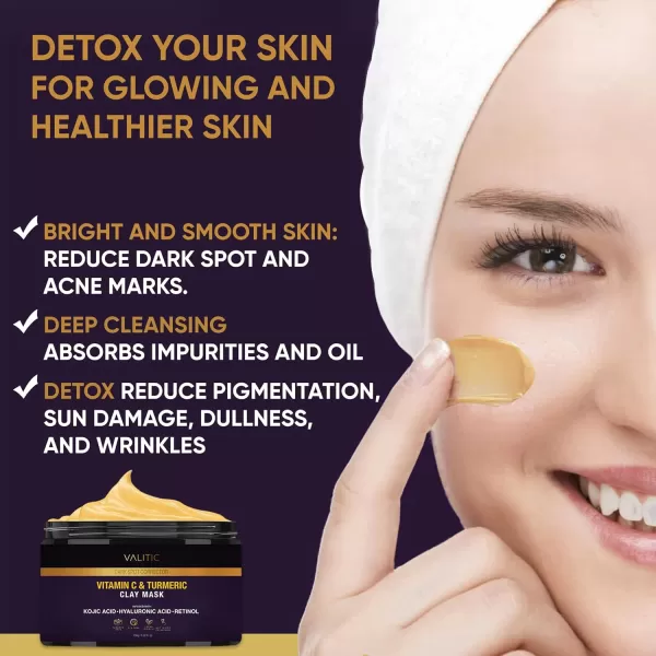 VALITIC Vitamin C ampamp Turmeric Clay Mask  Dark Spot Corrector with Kojic Acid Hyaluronic Acid ampamp Retinol  Skin Care Routine for Minimizing Pores ampamp Blackheads  with Applicator Brush  100g353 Ounce Pack of 1