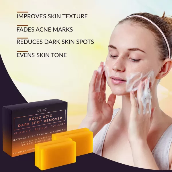 Valitic 2 Pack Kojic Acid Dark Spot Corrector Soap Bars with Vitamin C Retinol Collagen Turmeric  Original Japanese Complex with Hyaluronic Acid ampamp A Pair of Black Exfoliating Gloves for Body Scrub4 Pack Hyal Soap Bars  Exfoliating Gloves