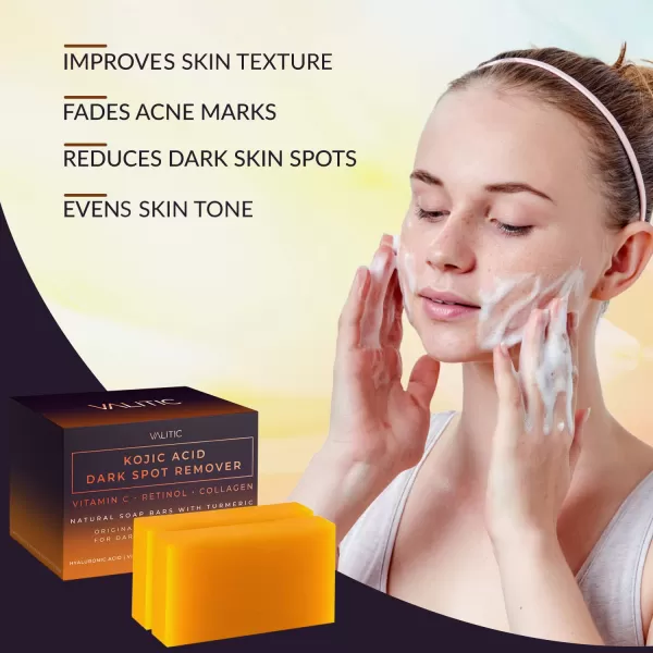 Valitic 2 Pack Kojic Acid Dark Spot Corrector Soap Bars with Vitamin C Retinol Collagen Turmeric  Original Japanese Complex with Hyaluronic Acid ampamp A Pair of Black Exfoliating Gloves for Body Scrub2 Pack Hyal Soap Bars  Exfoliating Gloves