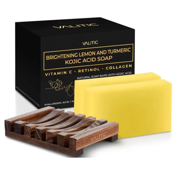 VALITIC Brightening Lemon ampamp Turmeric Kojic Acid Soap with Vitamin C Retinol Collagen  Original Japanese Complex Infused with Hyaluronic Acid Vitamin E Shea Butter Castile Olive Oil 2 Pack2 Pack  Holder