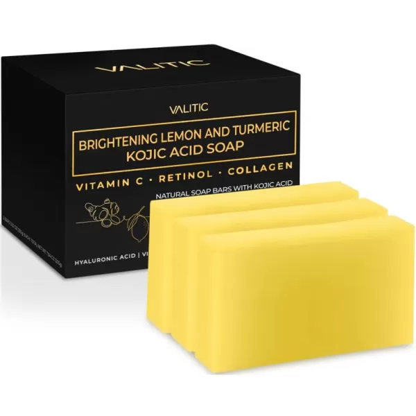VALITIC Brightening Lemon ampamp Turmeric Kojic Acid Soap with Vitamin C Retinol Collagen  Original Japanese Complex Infused with Hyaluronic Acid Vitamin E Shea Butter Castile Olive Oil 2 Pack3 Pack
