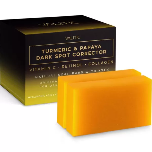 VALITIC Papaya and Turmeric Kojic Acid Soap Bar  Dark Spot Corrector Skin Care Cleansing Bar  Infused with Vitamin C Hyaluronic Acid Collagen Retinol Olive Oil  2 Pack2 Pack