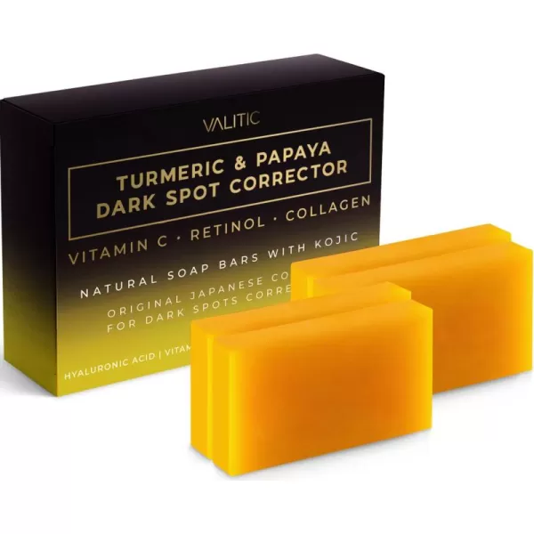 VALITIC Papaya and Turmeric Kojic Acid Soap Bar  Dark Spot Corrector Skin Care Cleansing Bar  Infused with Vitamin C Hyaluronic Acid Collagen Retinol Olive Oil  2 Pack4 Pack