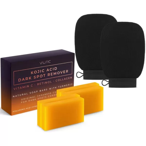 Valitic 2 Pack Kojic Acid Dark Spot Corrector Soap Bars with Vitamin C Retinol Collagen Turmeric  Original Japanese Complex with Hyaluronic Acid ampamp A Pair of Black Exfoliating Gloves for Body Scrub4 Pack Hyal Soap Bars  Exfoliating Gloves