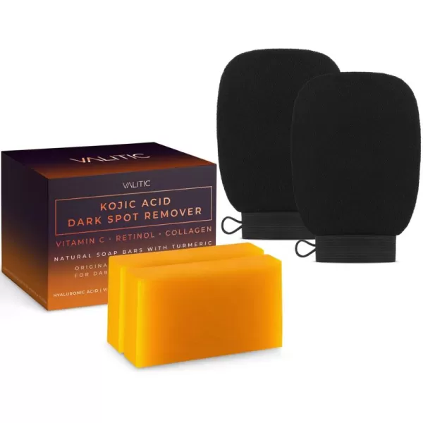 Valitic 2 Pack Kojic Acid Dark Spot Corrector Soap Bars with Vitamin C Retinol Collagen Turmeric  Original Japanese Complex with Hyaluronic Acid ampamp A Pair of Black Exfoliating Gloves for Body Scrub2 Pack Hyal Soap Bars  Exfoliating Gloves