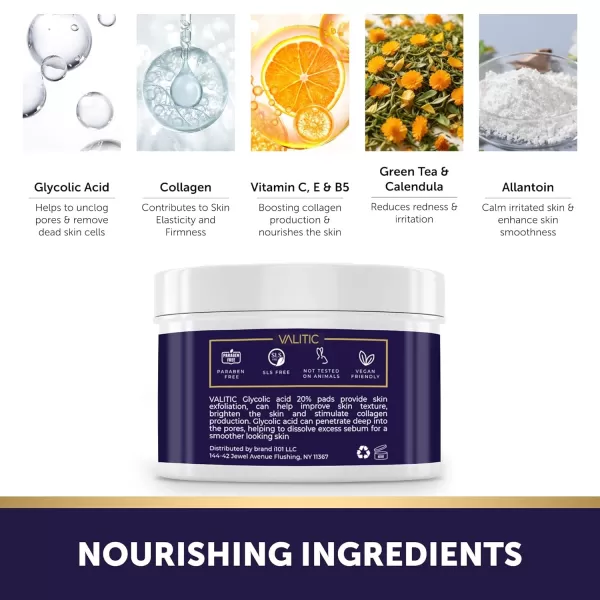 VALITIC 20 Glycolic Acid Pads for Face  Exfoliating Facial Polish with Vitamin C E Allantoin Collagen Calendula Green Tea  Skin Care Peel Wipes Treatment for Pores Scars Wrinkles  60 Pads
