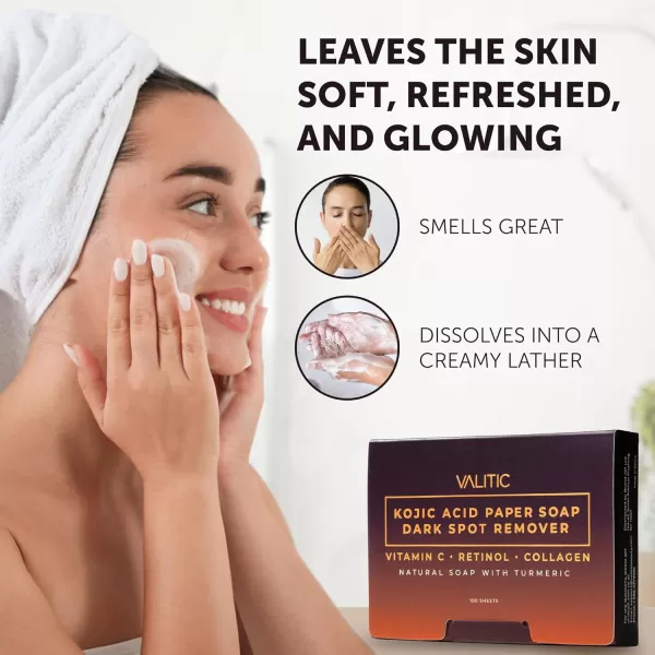 VALITIC Kojic Acid Dark Spot Corrector Paper Soap  Travel Size  100 Portable and Dissolvable Soap Sheets  with Vitamin C Retinol Collagen and Turmeric  3 Pack3 Pack