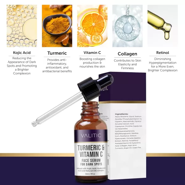 VALITIC Vitamin C Face Serum for Anti Aging  Hyaluronic Acid Collagen Kojic Acid Turmeric Oil Dark Spot Remover Brightening Serum Eyes and Facial Serum Skin Care 1 fl oz1 Fl Oz Pack of 1