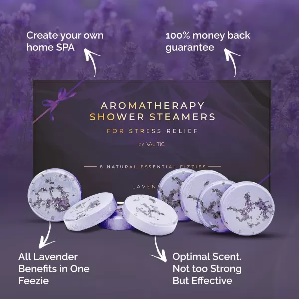 Valitic Aromatherapy Shower Steamers for Stress Relief and Clear Breathing  Gifts for Women Mom Her Birthday  8 Natural Essential Fizzies  Shower Bombs with Natural Lavender Essential Oil
