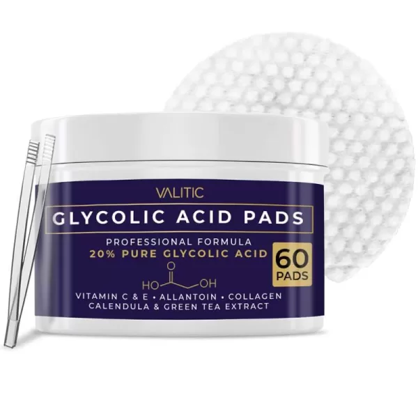 VALITIC 20 Glycolic Acid Pads for Face  Exfoliating Facial Polish with Vitamin C E Allantoin Collagen Calendula Green Tea  Skin Care Peel Wipes Treatment for Pores Scars Wrinkles  60 Pads