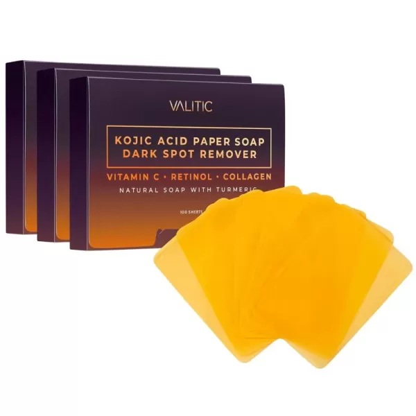 VALITIC Kojic Acid Dark Spot Corrector Paper Soap  Travel Size  100 Portable and Dissolvable Soap Sheets  with Vitamin C Retinol Collagen and Turmeric  3 Pack3 Pack