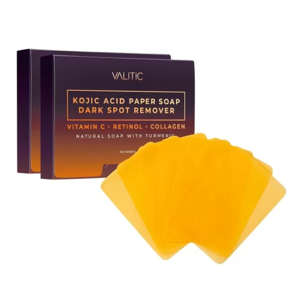 VALITIC Kojic Acid Dark Spot Corrector Paper Soap  Travel Size  100 Portable and Dissolvable Soap Sheets  with Vitamin C Retinol Collagen and Turmeric  3 Pack2 Pack