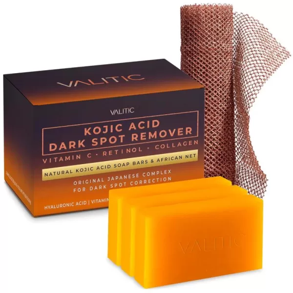 VALITIC Kojic Acid Dark Spot Remover Soap with Turmeric Vitamin C Retinol  Original Japanese Complex with Hyaluronic Acid Vitamin E Shea Butter Castile Olive Oil  3 Pack and African Net SpongeKojic Hyal 3 Pack  African Net