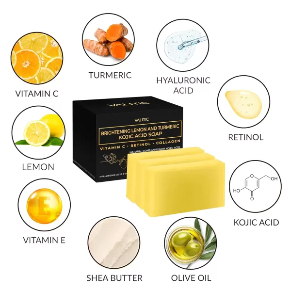 VALITIC Brightening Lemon ampamp Turmeric Kojic Acid Soap with Vitamin C Retinol Collagen  Original Japanese Complex Infused with Hyaluronic Acid Vitamin E Shea Butter Castile Olive Oil 2 Pack3 Pack