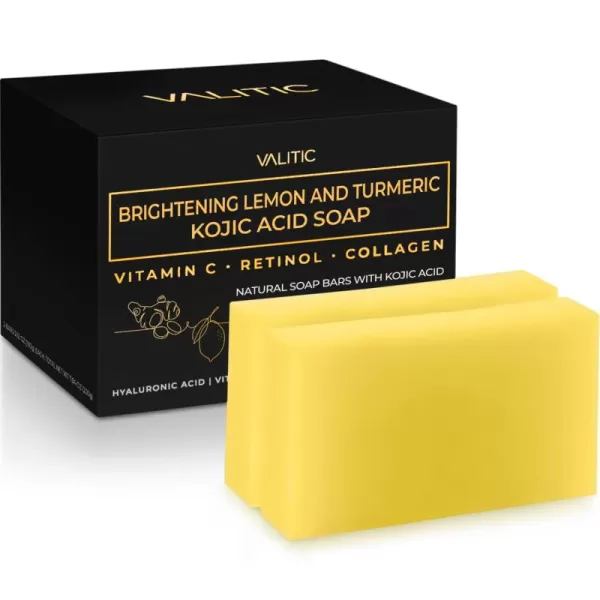 VALITIC Brightening Lemon ampamp Turmeric Kojic Acid Soap with Vitamin C Retinol Collagen  Original Japanese Complex Infused with Hyaluronic Acid Vitamin E Shea Butter Castile Olive Oil 2 Pack2 Pack