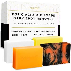 imageVALITIC Kojic Acid Soap Bars  Turmeric Snail Mucin Charcoal and Lemon  4 Assorted Dark Spot Remover Soaps with Hyaluronic Acid Vitamin C Vitamin E and Shea Butter