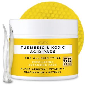 imageVALITIC Turmeric Kojic Acid Cleansing Pads  Exfoliating Dark Spot Remover for Face with Vitamin C Alpha Arbutin Niacinamide and Retinol  Kojic Acid And Turmeric Cleansing Pads  60 Units