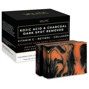 imageVALITIC Charcoal Kojic Acid Turmeric Black Soap Bar Dark Spot Remover for Body or Face Wash  2 Pack and Holder2 Pack