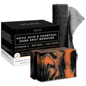 imageVALITIC Charcoal Kojic Acid Turmeric Black Soap Bar Dark Spot Remover for Body or Face Wash  2 Pack and African Net Sponge