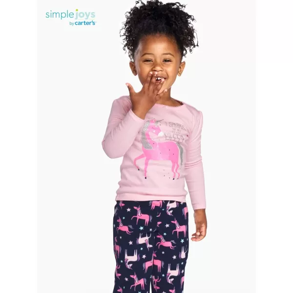 Simple Joys by Carters Girls 4Piece Pajama Set Cotton Top ampamp Fleece BottomMint Green PuppyNavyPink UnicornWhite Dogs