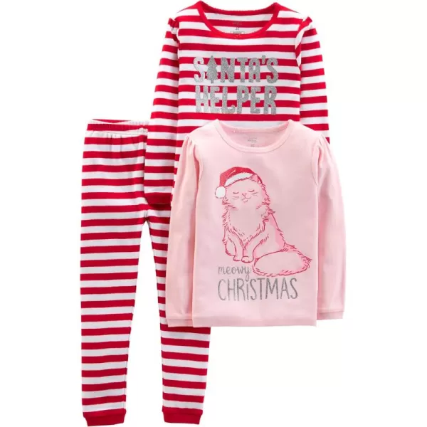 Simple Joys by Carters Baby 3Piece Snugfit Cotton Holiday Pajama SetPink CatRed Stripe