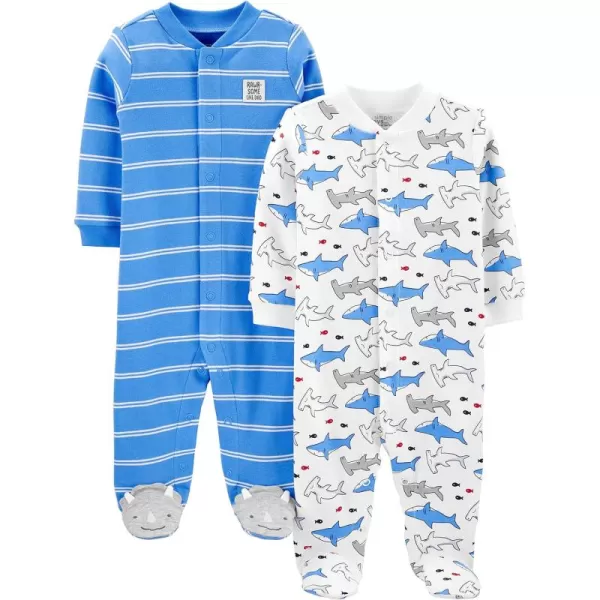 Simple Joys by Carters Baby Boys 2Pack Cotton Sleep and PlayBlue StripeWhite Sharks